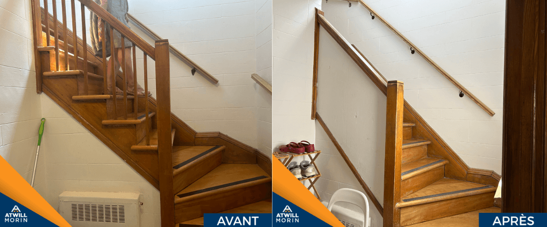 escalier avant (à gauche) puis après (à droite) nos rénovations