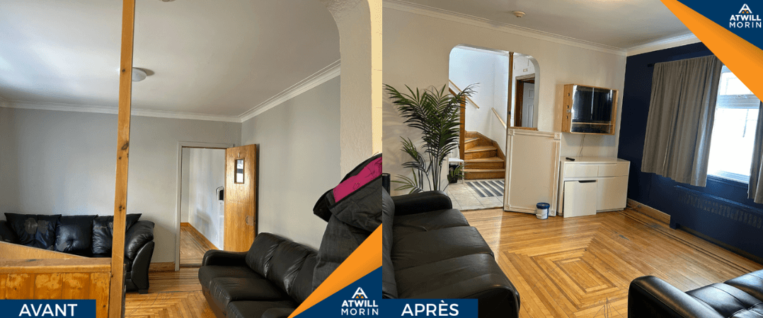 photo du salon (à gauche) avant, puis photo du salon après (à droite)